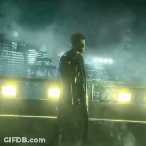 A Man Standing On A Bridge Holding A Gun In Front Of A City Skyline GIF
