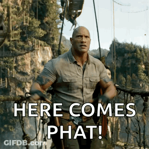 A Man Standing On A Bridge With The Words Here Comes Phat Written Below Him GIF