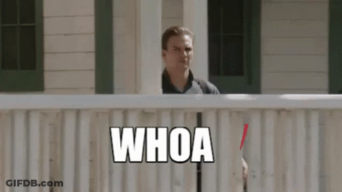 A Man Standing On A Porch Behind A Fence With The Word Whoa Written On It GIF