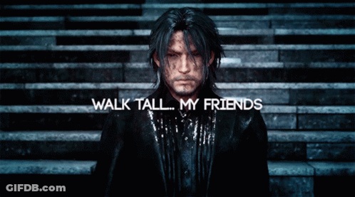 A Man Standing On A Set Of Stairs With The Words Walk Tall My Friends Written Above Him GIF
