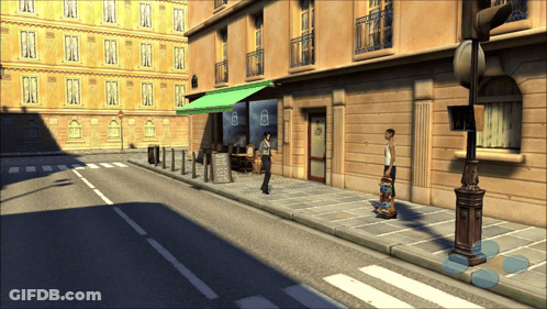 A Man Standing On A Sidewalk With A Skateboard In Front Of A Building With The Number 8 GIF