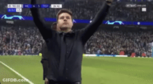A Man Standing On A Soccer Field With His Arms In The Air . GIF