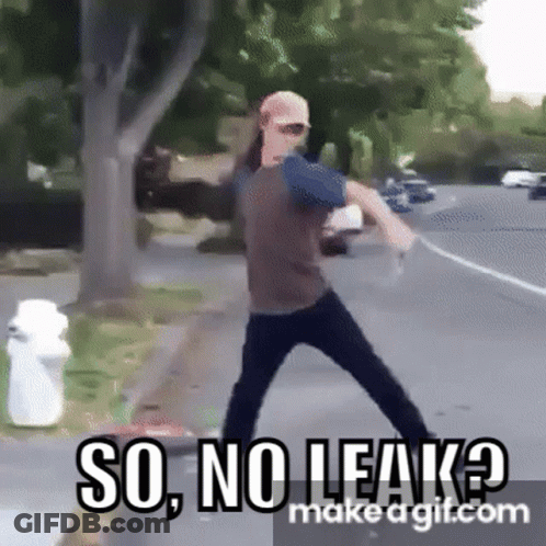 A Man Standing On The Side Of The Road With The Words So No Leak GIF