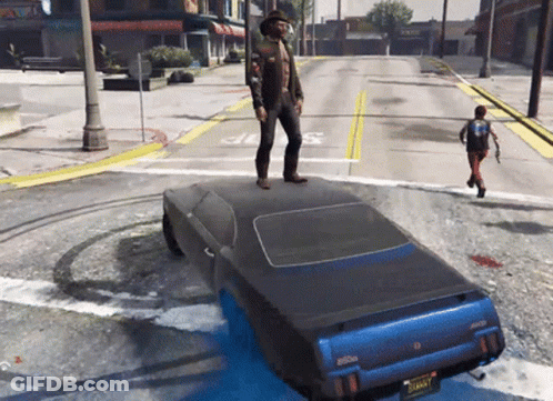 A Man Standing On Top Of A Blue Car With A License Plate That Says Sunny GIF