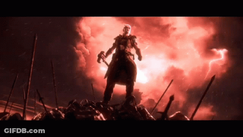 A Man Standing On Top Of A Pile Of Swords In Front Of A Red Lightning Storm . GIF