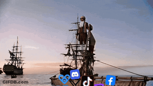 A Man Standing On Top Of A Ship With A Few Social Media Icons On It GIF