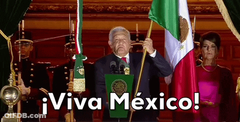 A Man Stands At A Podium Holding A Mexican Flag With The Words Viva Mexico Above Him GIF