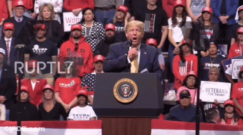 A Man Stands At A Podium With A Sign That Says Veterans For Trump In Front Of Him GIF