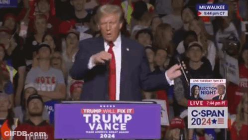A Man Stands At A Podium With A Trump Vance Sign In Front Of Him GIF