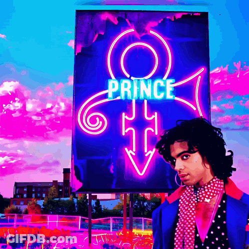 A Man Stands In Front Of A Billboard That Says Prince GIF