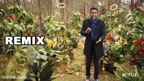 A Man Stands In Front Of A Bunch Of Potted Plants With The Word Remix Written Above Him GIF