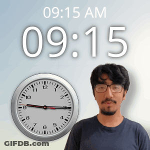 A Man Stands In Front Of A Clock That Says 09:15 GIF