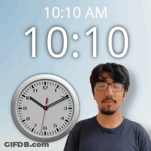 A Man Stands In Front Of A Clock That Says 10:10 GIF