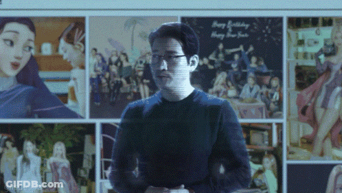 A Man Stands In Front Of A Collage Of Pictures With The Words Happy Birthday Written On It GIF