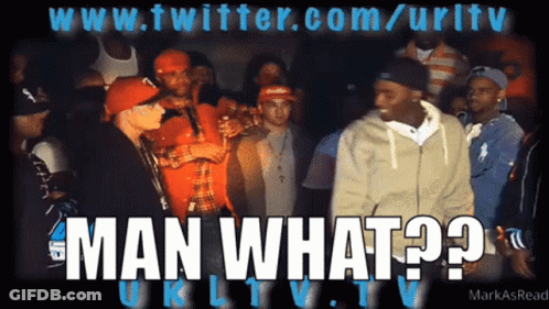 A Man Stands In Front Of A Crowd With The Words Man What On The Bottom GIF