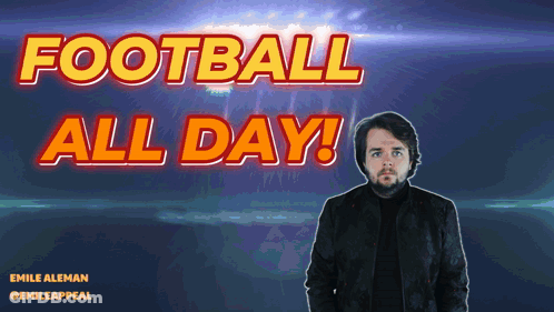 A Man Stands In Front Of A Football All Day Sign GIF