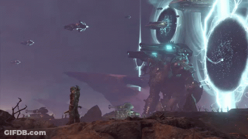 A Man Stands In Front Of A Giant Robot With A Portal In The Background GIF
