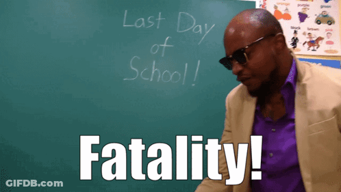 A Man Stands In Front Of A Green Board That Says Last Day Of School GIF