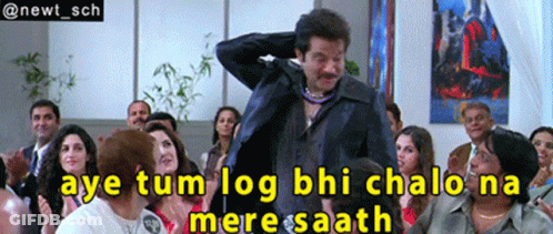 A Man Stands In Front Of A Group Of People With The Caption Aye Tum Log Bi Chalo Na Mere Saath GIF