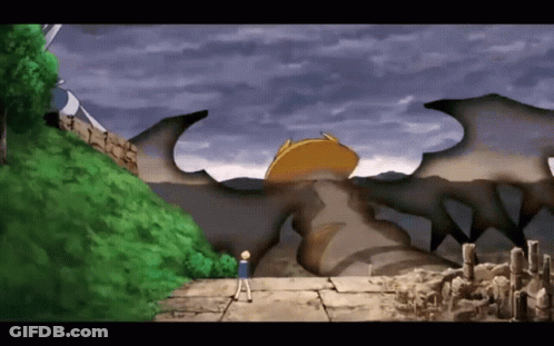 A Man Stands In Front Of A Large Dragon Statue GIF
