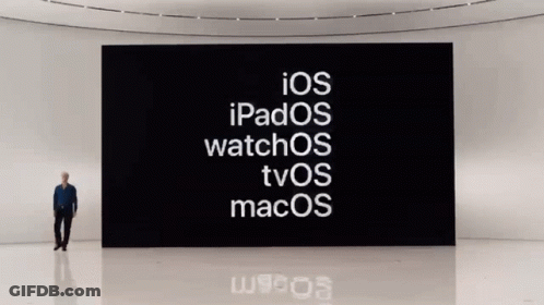 A Man Stands In Front Of A Large Screen Which Says Ios Ipados Watchos Tvos Macos GIF