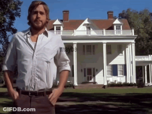 A Man Stands In Front Of A Large White House With The Word May On The Bottom GIF