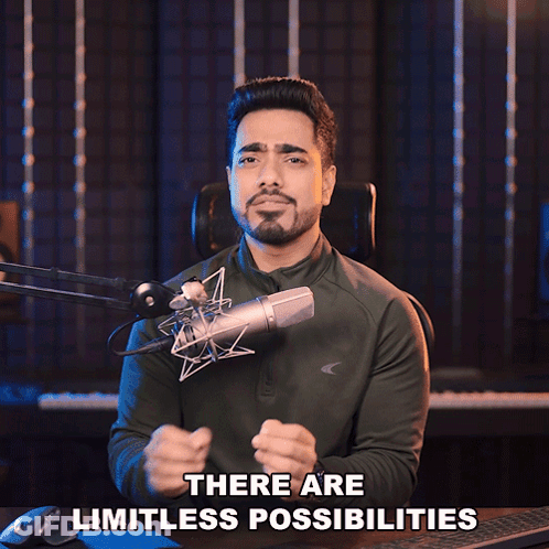 A Man Stands In Front Of A Microphone With The Words " There Are Limitless Possibilities " Below Him GIF