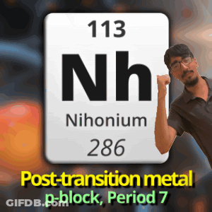 A Man Stands In Front Of A Periodic Table Symbol For Nihonium 286 GIF