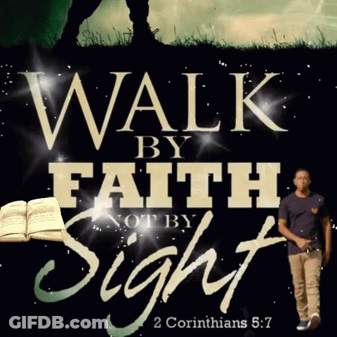 A Man Stands In Front Of A Poster That Says Walk By Faith Not By Sight GIF