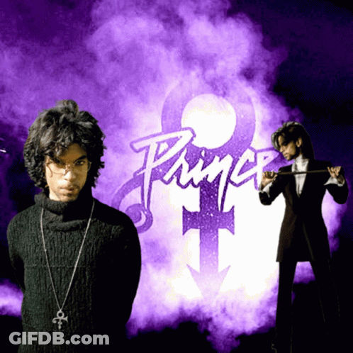 A Man Stands In Front Of A Purple Background That Says Prince GIF