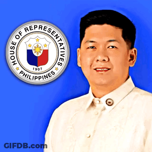 A Man Stands In Front Of A Seal That Says House Of Representatives Philippines GIF