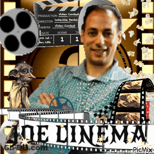 A Man Stands In Front Of A Sign That Says ' De Cinema ' On It GIF