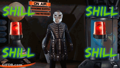 A Man Stands In Front Of A Sign That Says On Air Invading Earth GIF