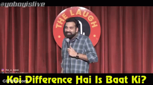 A Man Stands In Front Of A Sign That Says The Laugh On It GIF