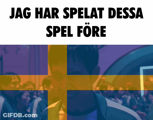A Man Stands In Front Of A Swedish Flag With The Words Jag Har Spelat Dessa Spel Fore GIF