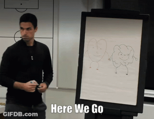 A Man Stands In Front Of A White Board That Says Here We Go On It GIF