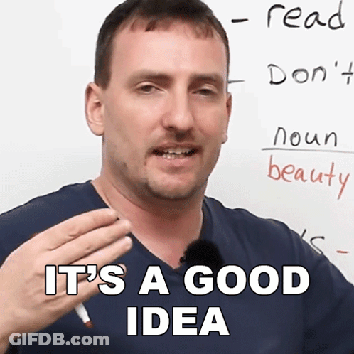 A Man Stands In Front Of A White Board With The Words " It 'S A Good Idea " On It GIF