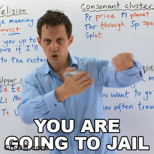 A Man Stands In Front Of A White Board With The Words You Are Going To Jail On It GIF