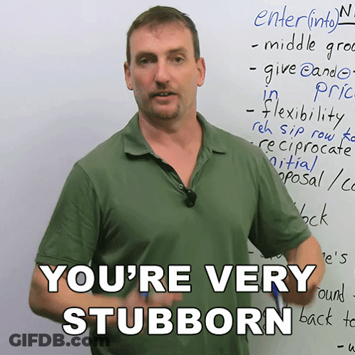 A Man Stands In Front Of A White Board With The Words You 'Re Very Stubborn GIF