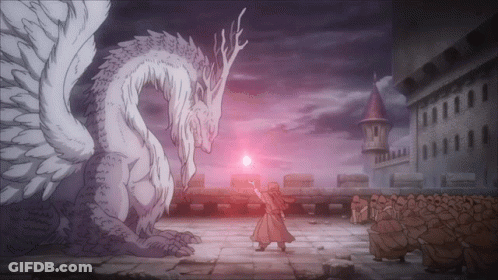 A Man Stands In Front Of A White Dragon With A Purple Background GIF