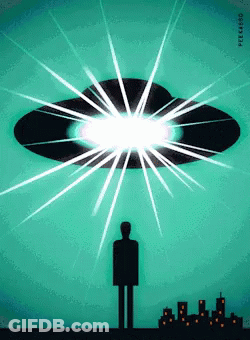 A Man Stands In Front Of An Ufo That Is Flying Over A City With The Letters Eeeaero On The Bottom GIF