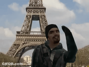 A Man Stands In Front Of The Eiffel Tower Waving GIF