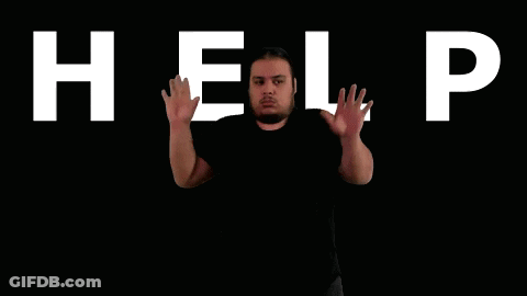 A Man Stands In Front Of The Word Help In White Letters GIF
