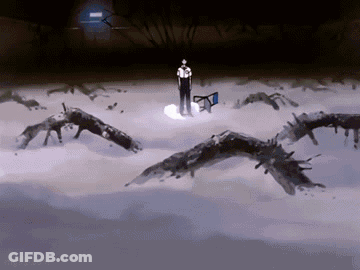 A Man Stands In The Middle Of A Snowy Field With Birds Flying Around Him GIF