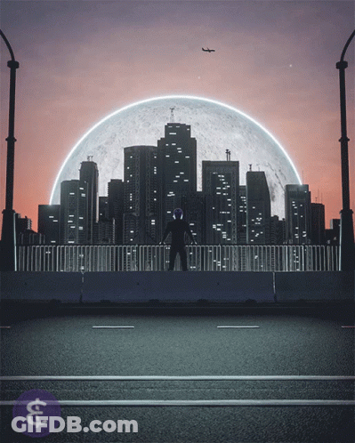 A Man Stands On A Bridge In Front Of A City Skyline GIF