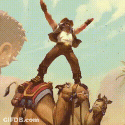A Man Stands On Top Of A Camel With His Arms Outstretched GIF