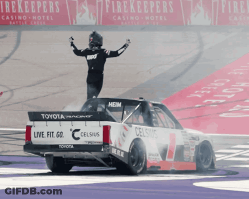 A Man Stands On Top Of A Race Car That Says Celsius GIF
