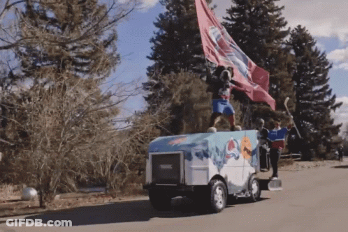 A Man Stands On Top Of An Ice Hockey Vehicle With A Flag Flying In The Wind GIF