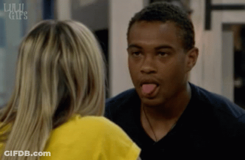 A Man Sticking His Tongue Out While Looking At A Woman With The Words Lulu Gifs On The Bottom Right GIF