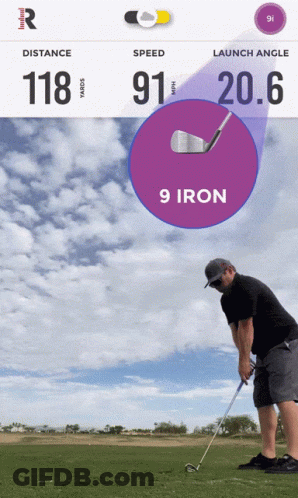 A Man Swinging A Golf Club On A Golf Course With A Purple Circle That Says 9 Iron GIF